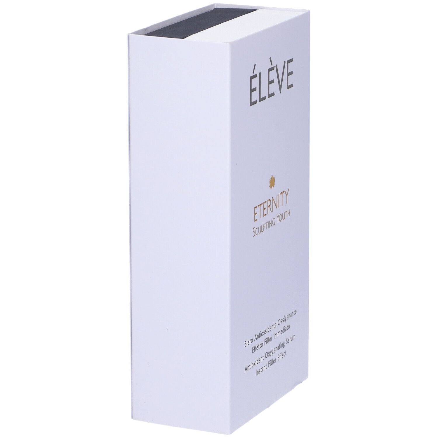 Confezione bianca in diagonale. Logo "ÉLÈVE" e "Eternity Sculpting Youth". Testo: Siero Antiossidante Ossigenante, Instant Filler Effect.