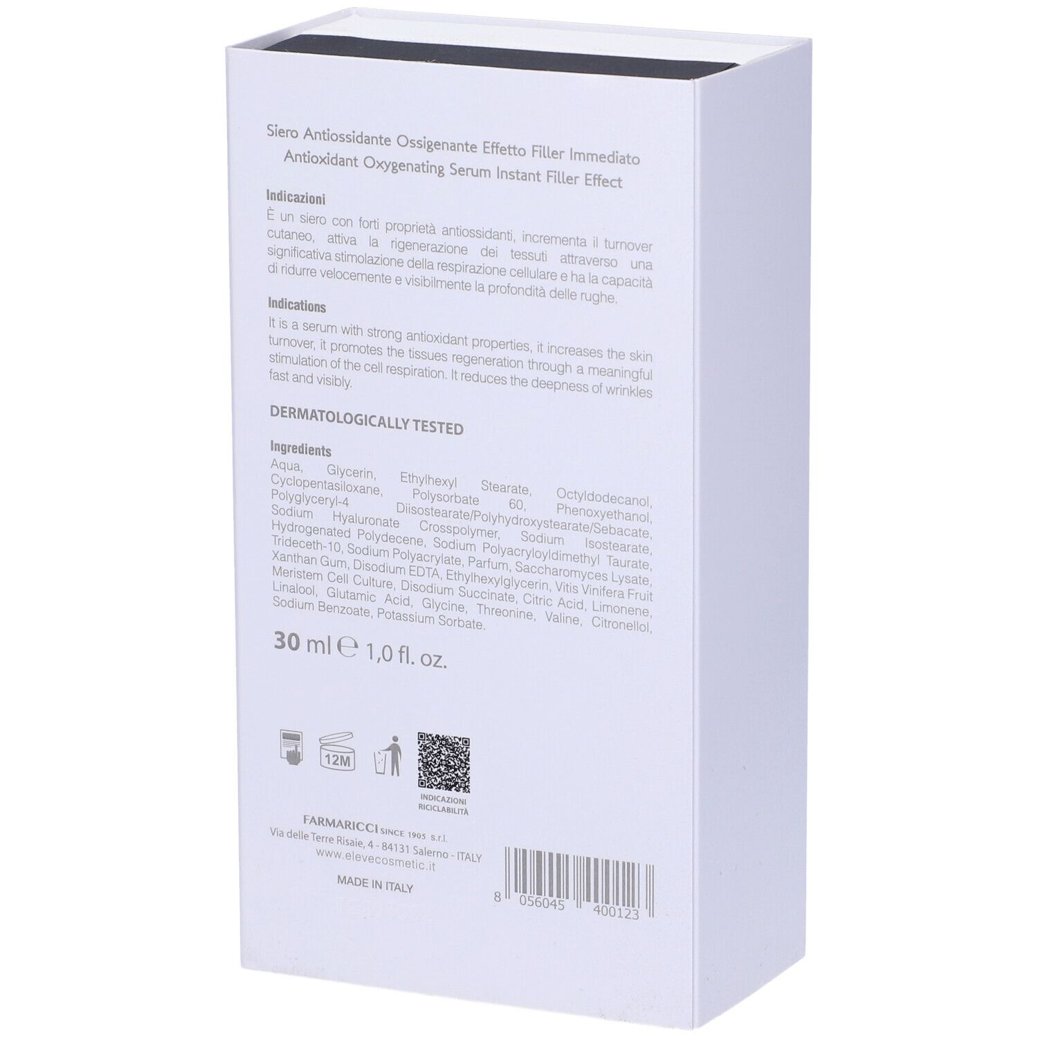 Retro della confezione bianca. Testo: Siero Antiossidante Ossigenante, ingredienti, 30 ml, 1,0 fl.oz. Dermatologicamente testato.