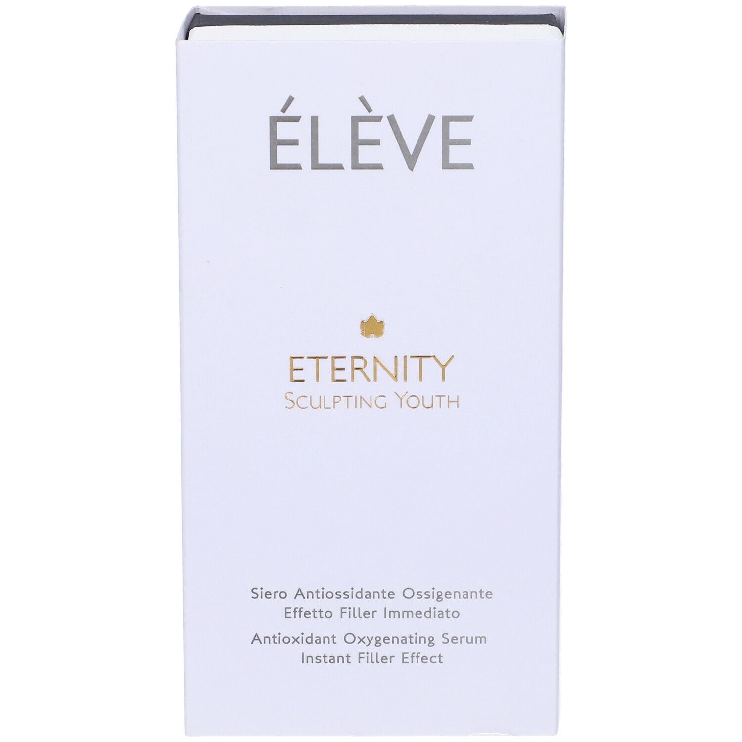 Confezione bianca con logo "ÉLÈVE" e "Eternity Sculpting Youth". Testo: Siero Antiossidante Ossigenante, Instant Filler Effect.