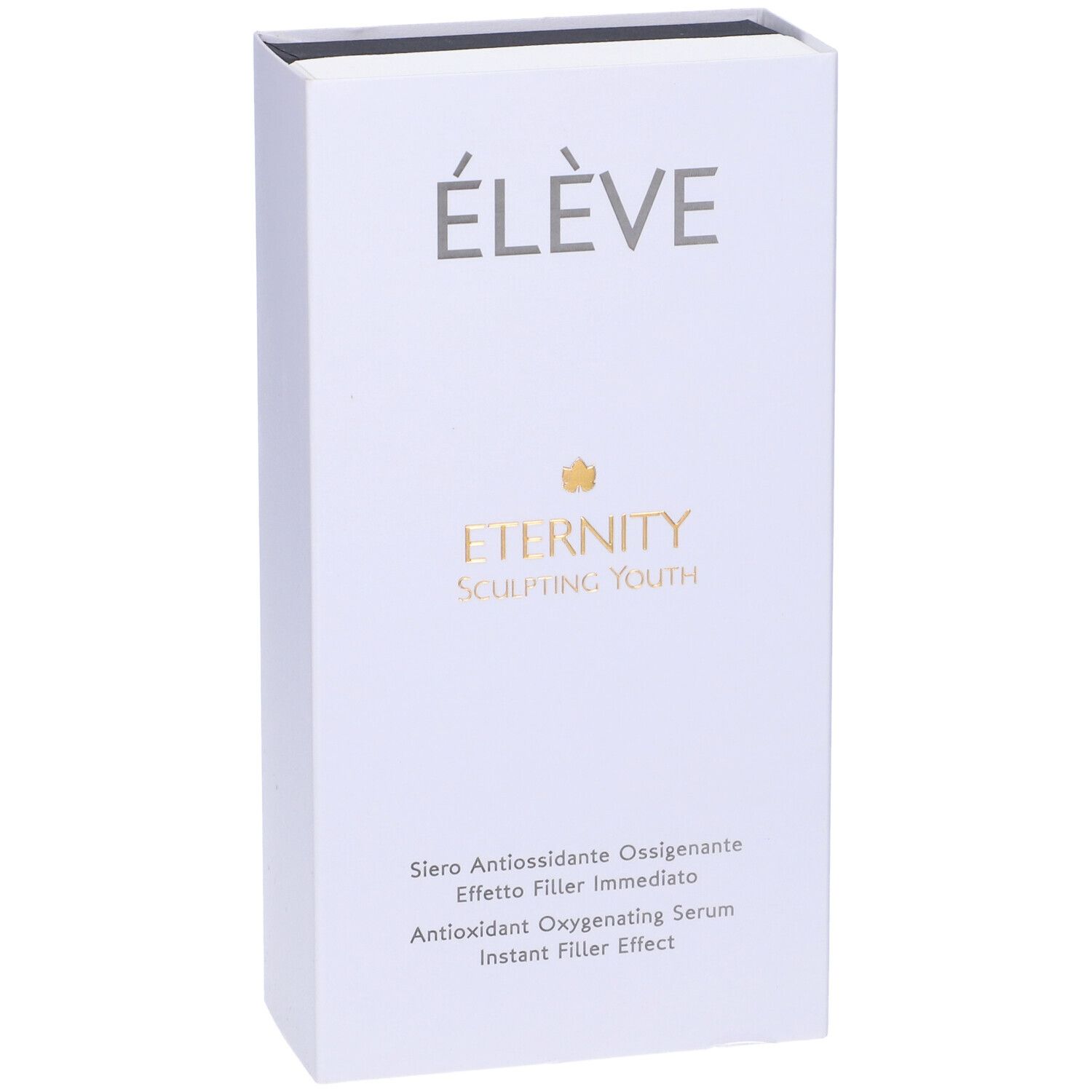 Confezione bianca con logo "ÉLÈVE" e "Eternity Sculpting Youth". Testo: Siero Antiossidante Ossigenante, Instant Filler Effect.
