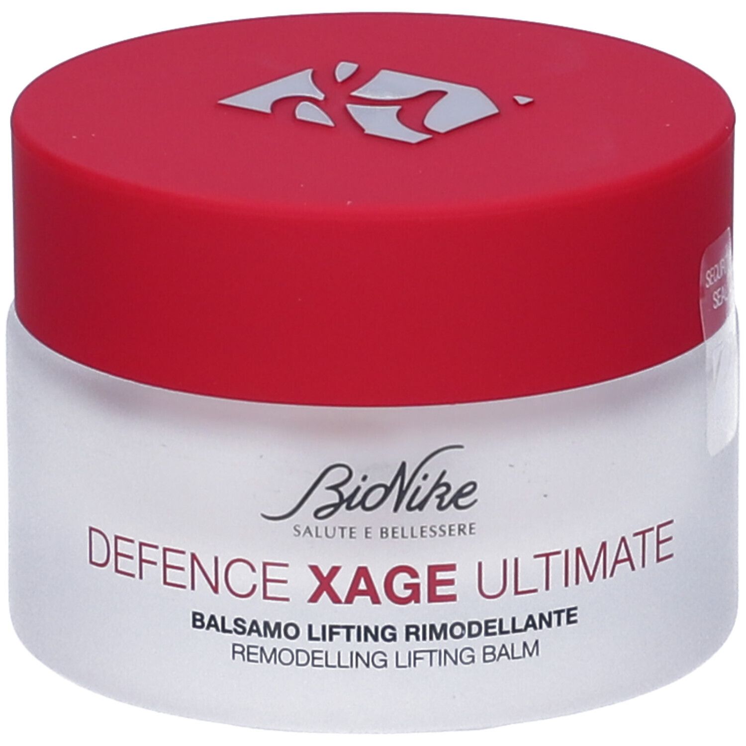 Pot de crème avec couvercle rouge. Inscription: Defence Xage Ultimate, Balsamo Lifting Rimodellante. Marque: BioNike.