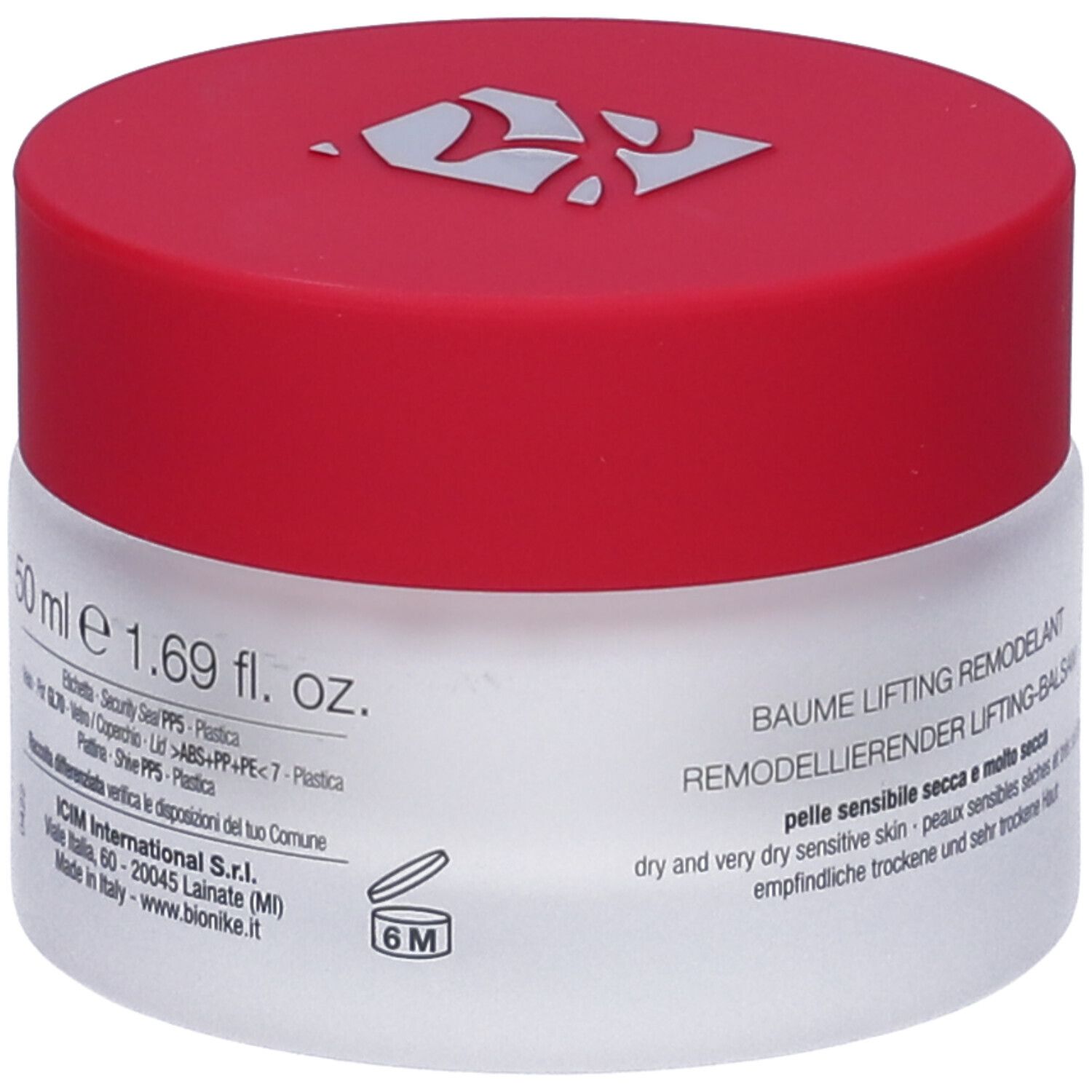 Pot de crème avec couvercle rouge. Inscription: 50 ml e 1.69 fl. oz. Pour peaux sèches et très sèches. Marque: BioNike.
