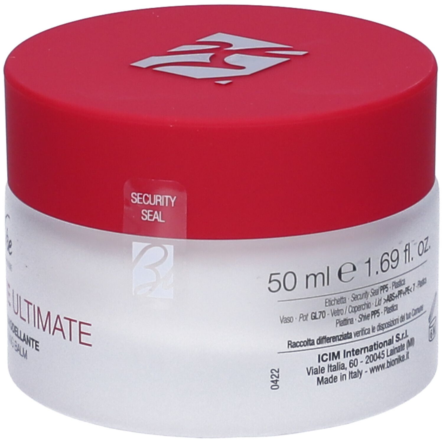 Pot de crème avec couvercle rouge. Inscription: 50 ml e 1.69 fl. oz. Avec fermeture de sécurité. Marque: BioNike.