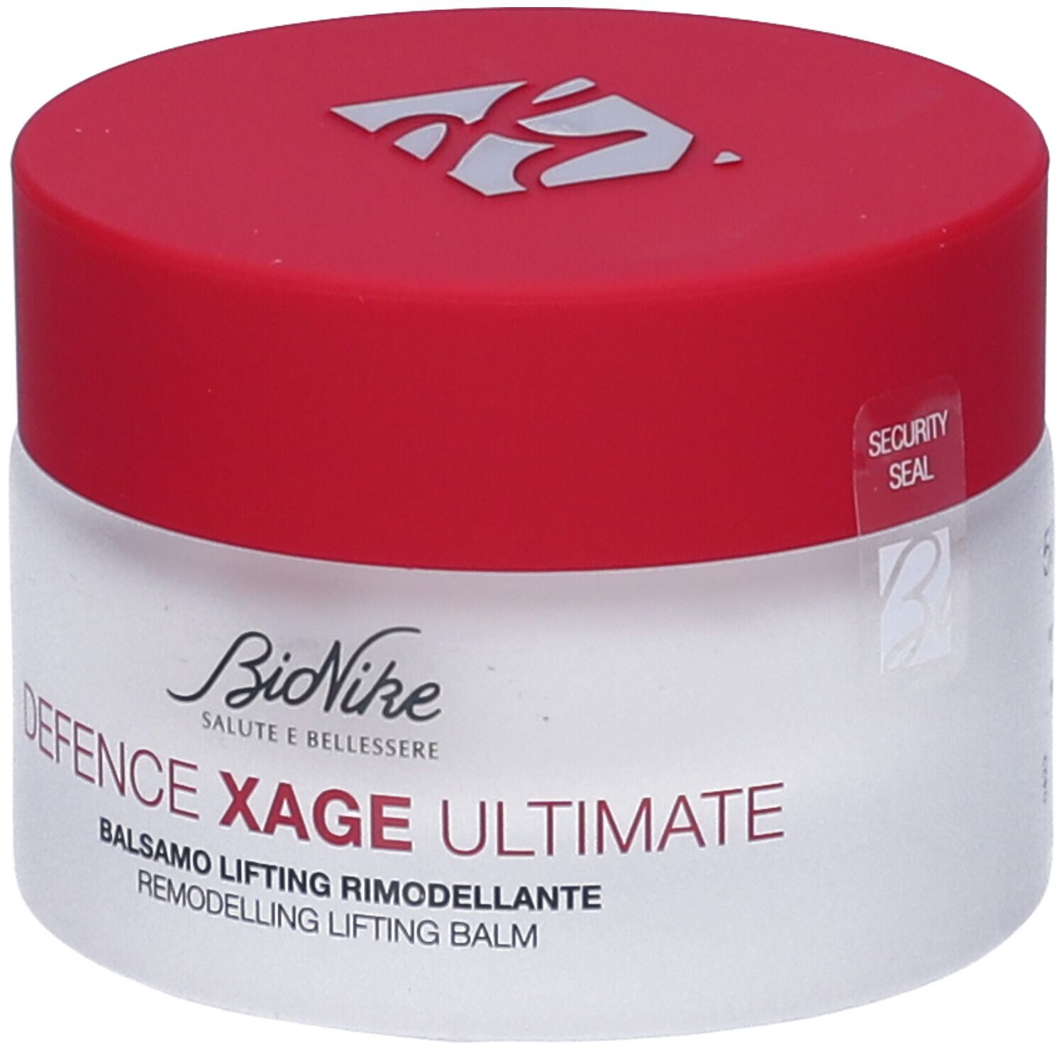 Pot de crème avec couvercle rouge. Inscription: Defence Xage Ultimate, Balsamo Lifting Rimodellante. Marque: BioNike.