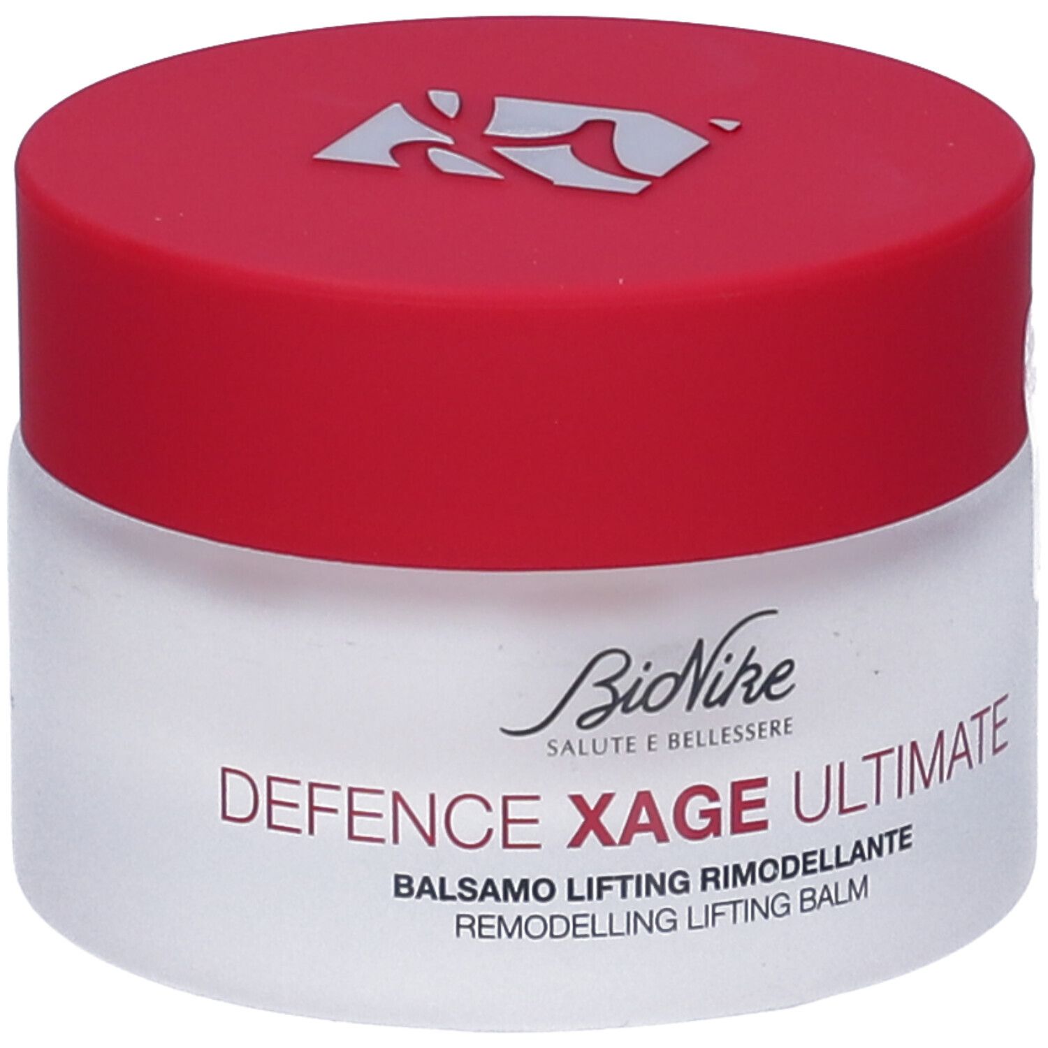 Pot de crème avec couvercle rouge. Inscription: Defence Xage Ultimate, Balsamo Lifting Rimodellante. Marque: BioNike.