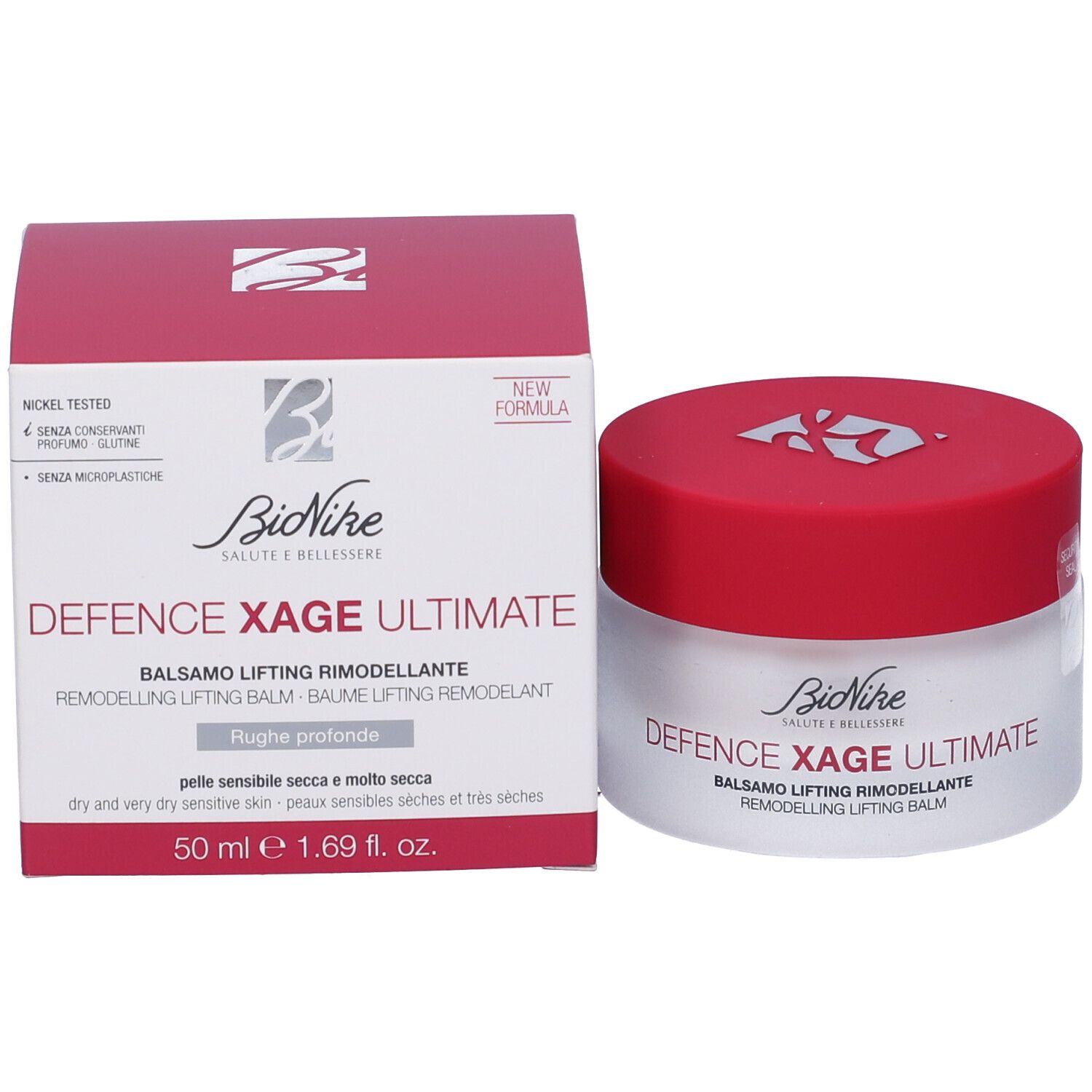 Emballage du produit et pot de crème. Inscription: Defence Xage Ultimate, Balsamo Lifting Rimodellante. Marque: BioNike. 50 ml.
