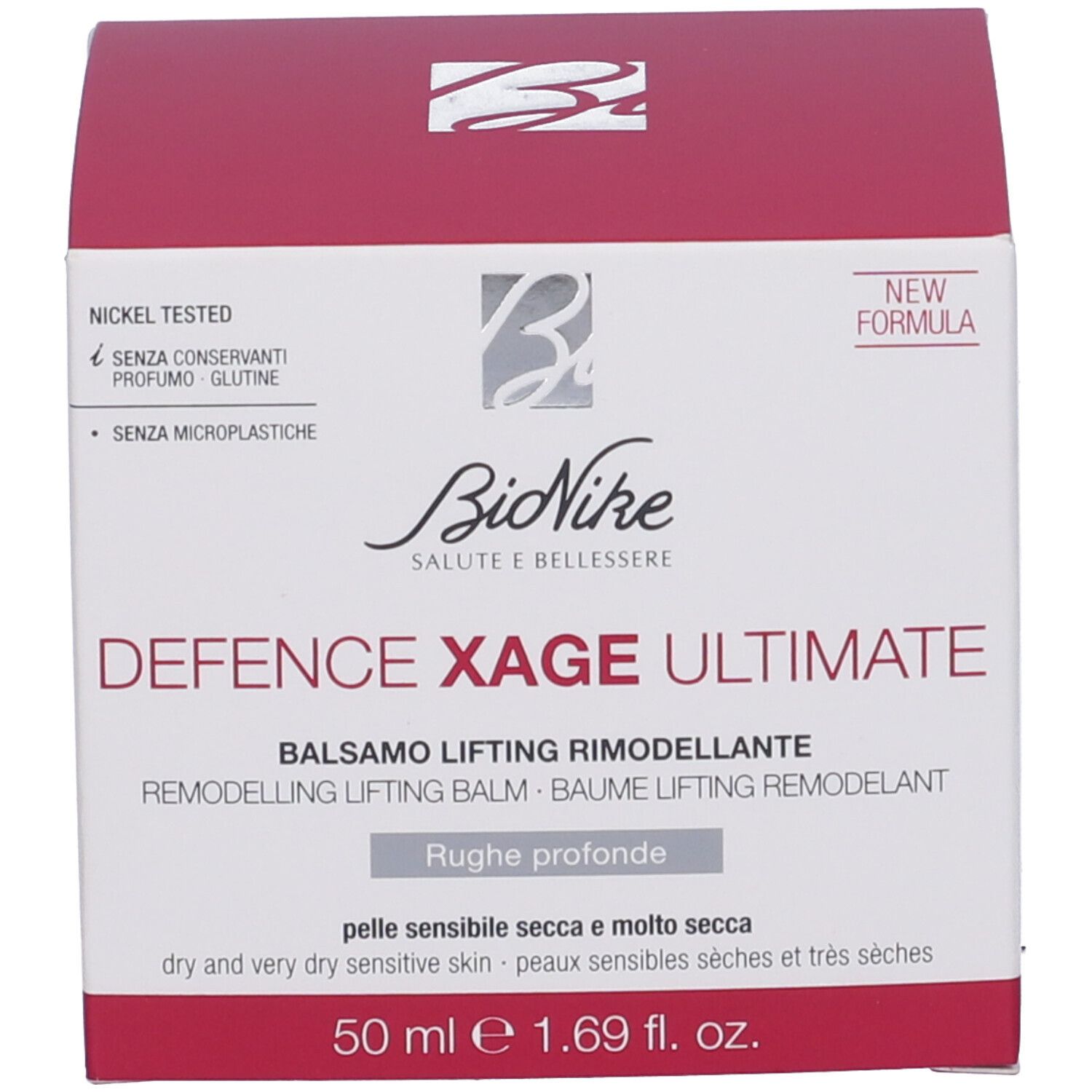 Emballage du produit. Inscription: Defence Xage Ultimate, Balsamo Lifting Rimodellante. Marque: BioNike. 50 ml. Nickel Tested.
