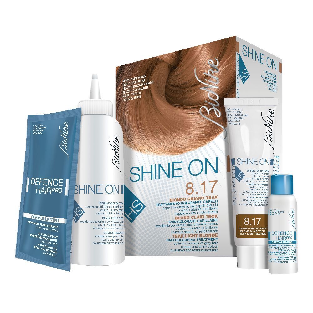BioNike SHINE ON 8.17. Prodotto per la colorazione dei capelli con confezione e accessori. Include flaconi, tubi e una bustina.