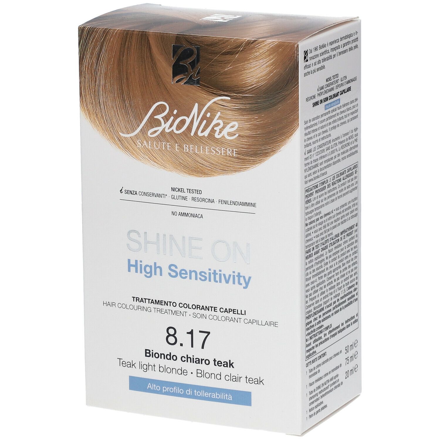 BioNike SHINE ON 8.17. Confezione di colorazione per capelli. Contiene nome del prodotto, designazione del colore e logo. Alta sensibilità.