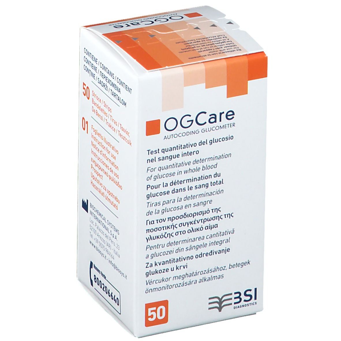 OGCare Blutzuckerteststreifen, 50 Stück, in Kartonverpackung.