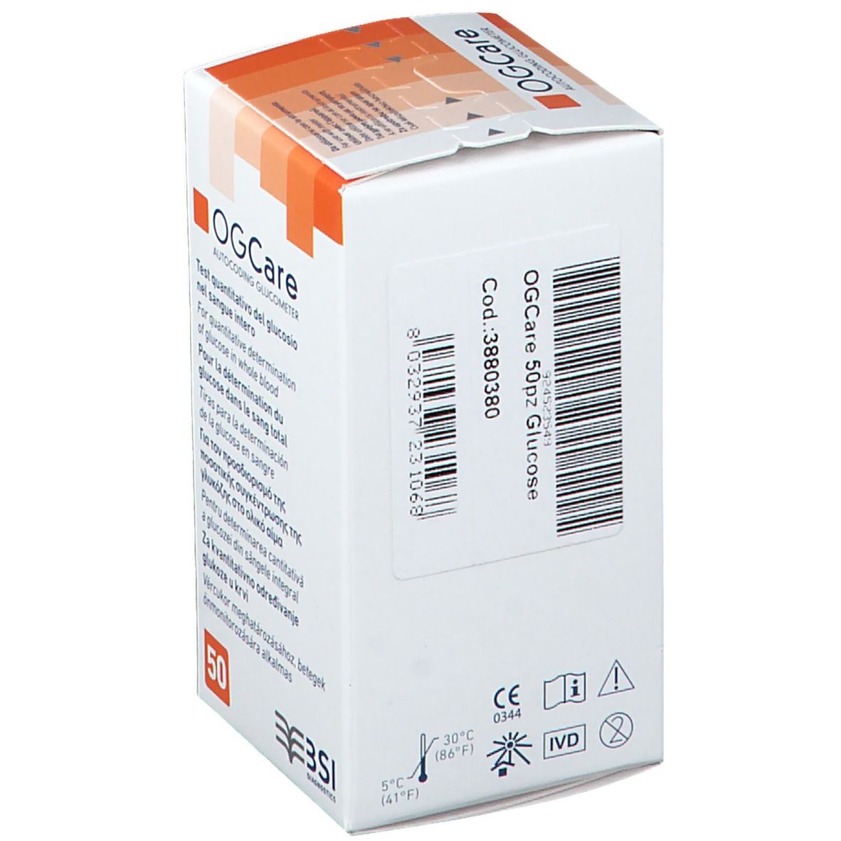 OGCare Blutzuckerteststreifen, 50 Stück, in Kartonverpackung.