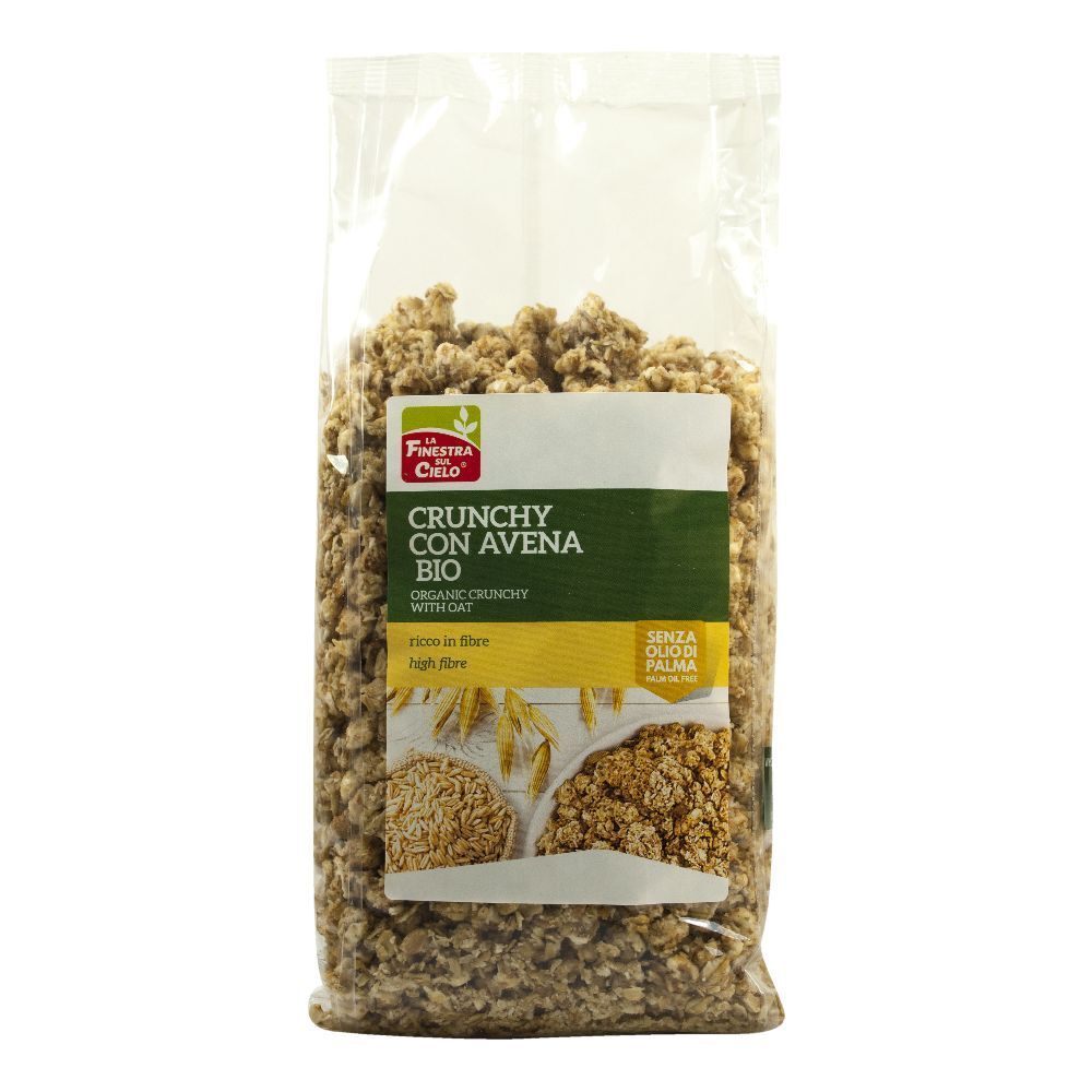 Muesli croccante bio con avena in confezione trasparente. Visibili nome, logo e testo del prodotto. Senza olio di palma.