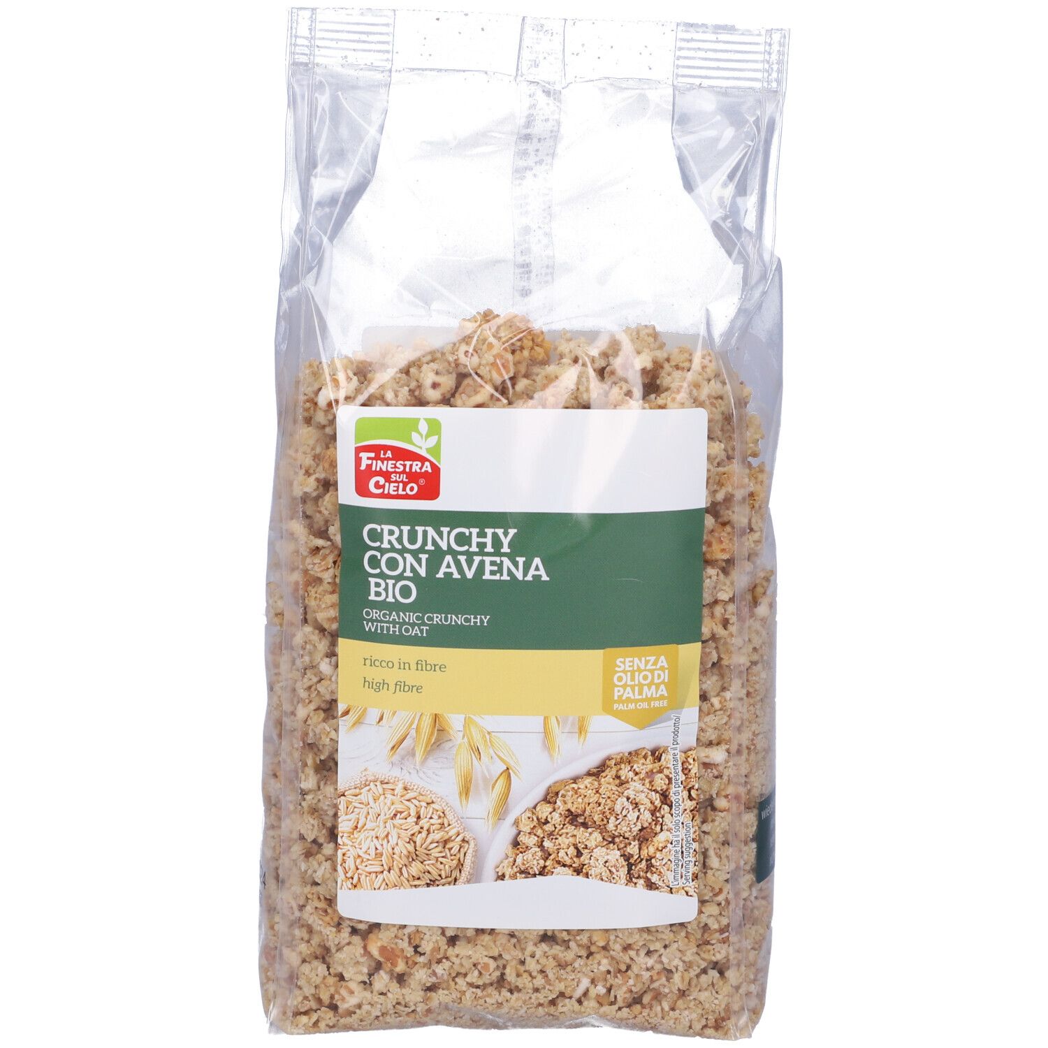 Muesli croccante bio con avena in confezione trasparente. Nome e logo del prodotto ben visibili. Senza olio di palma.