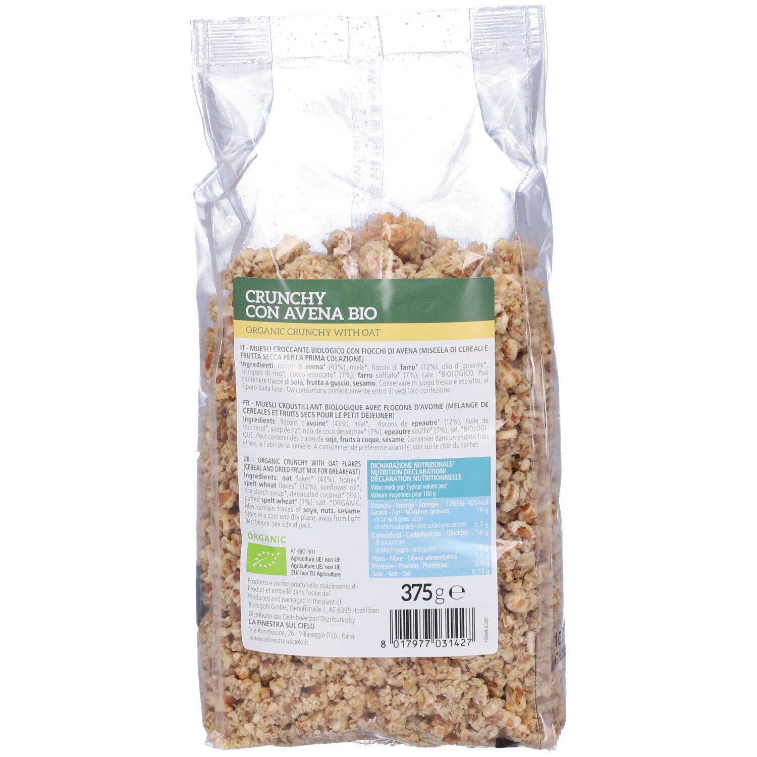 Muesli bio con avena in confezione trasparente. Retro con testo e informazioni nutrizionali. Senza olio di palma. 375g.