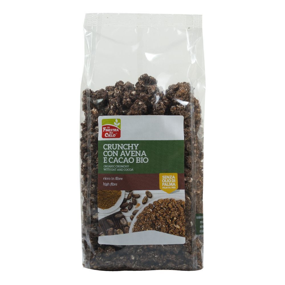 Confezione trasparente di cereali. Scritto: Crunchy con Avena e Cacao Bio, alto contenuto di fibre. Logo.