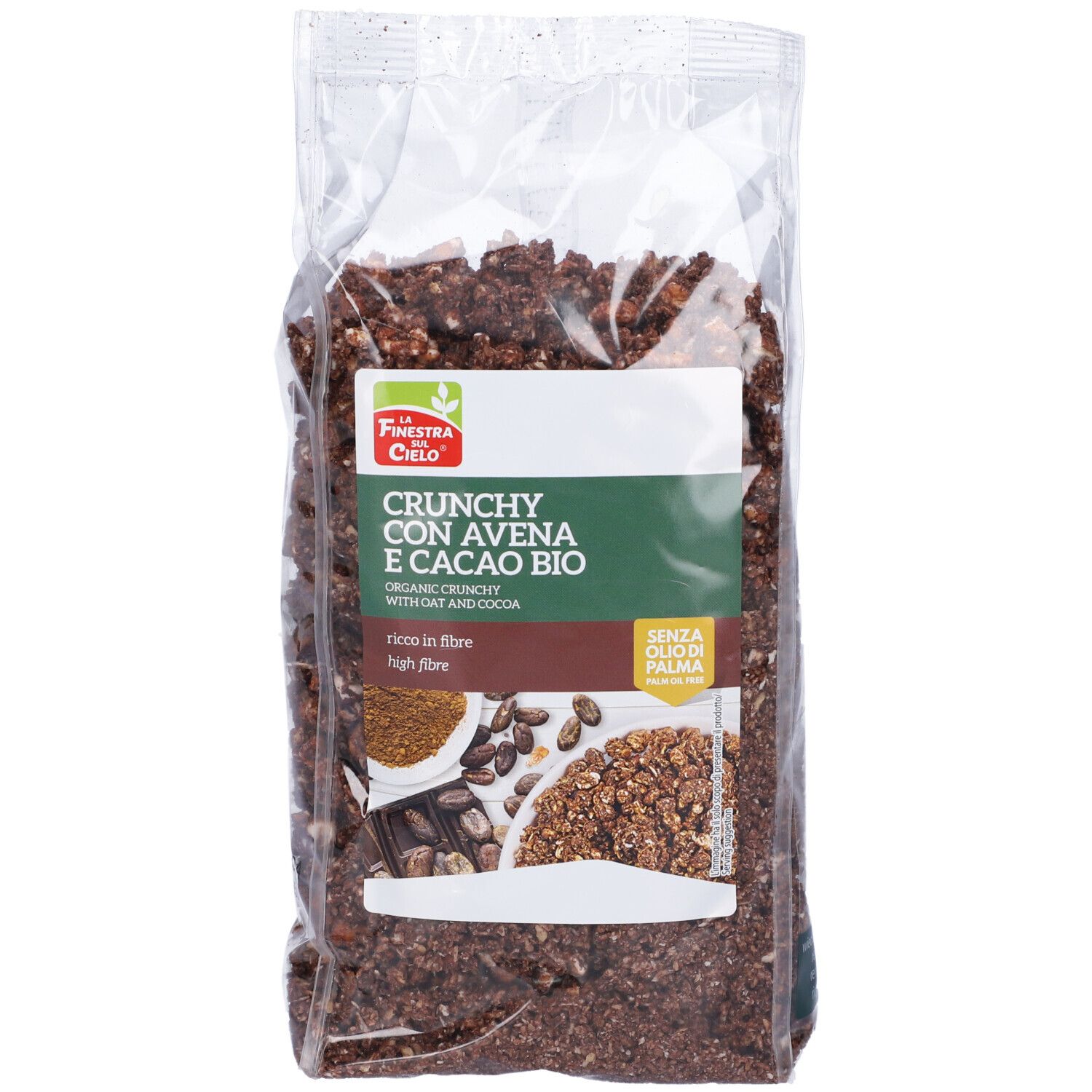 Confezione trasparente di cereali. Scritto: Crunchy con Avena e Cacao Bio, alto contenuto di fibre. Logo.