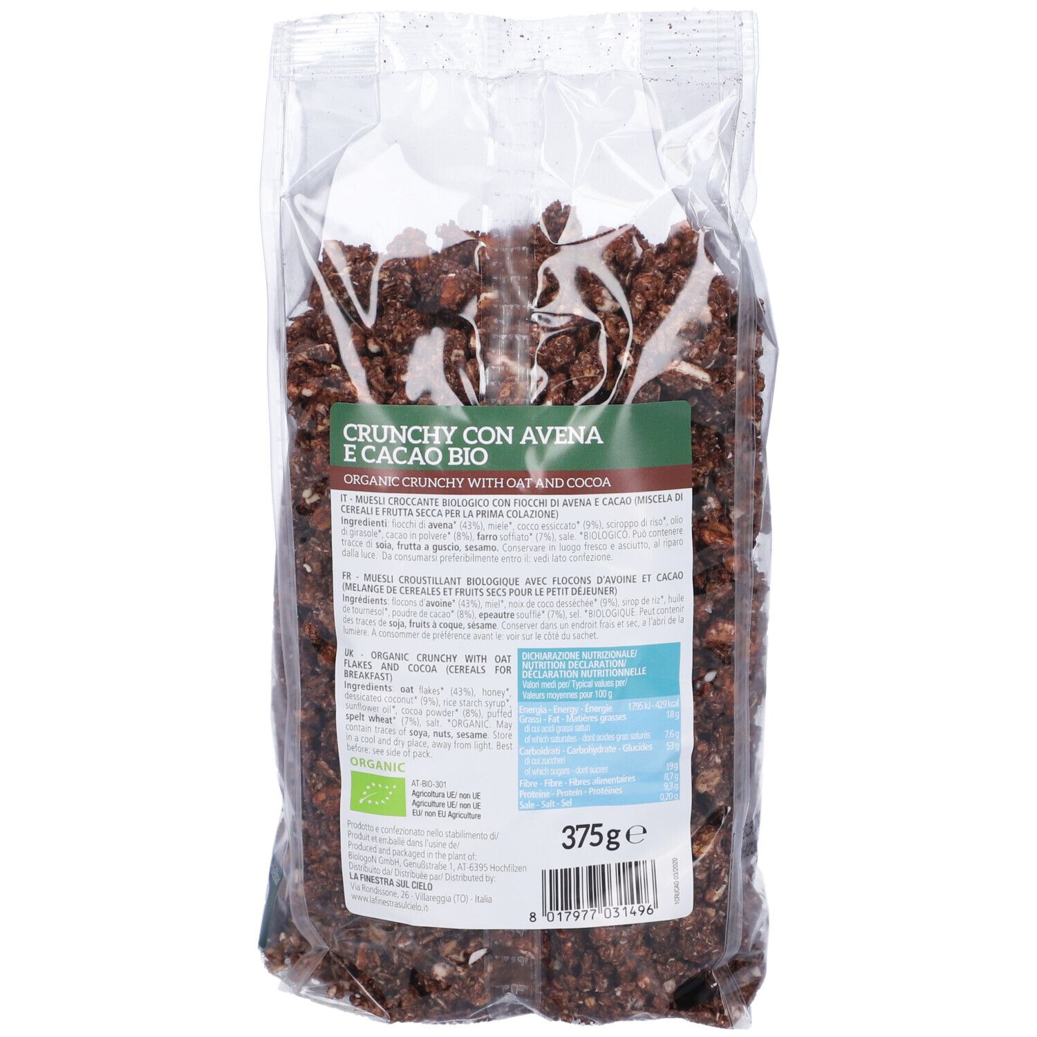 Retro della confezione trasparente di cereali. Testo: Crunchy con Avena e Cacao Bio, 375g, marchio bio.
