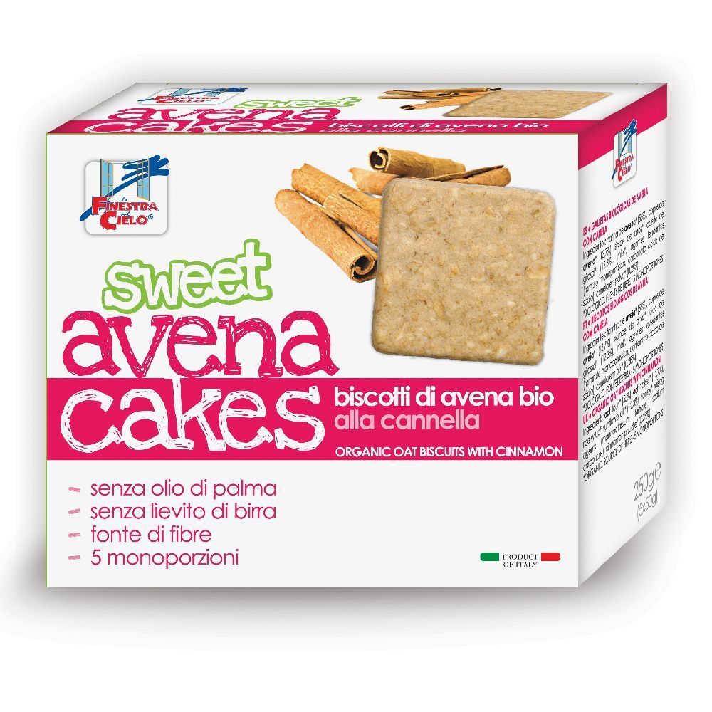 Confezione di "Sweet Avena Cakes". Scritta: Biscotti di Avena Bio alla Cannella. Contiene bastoncini di cannella e biscotti. Certificazione bio.