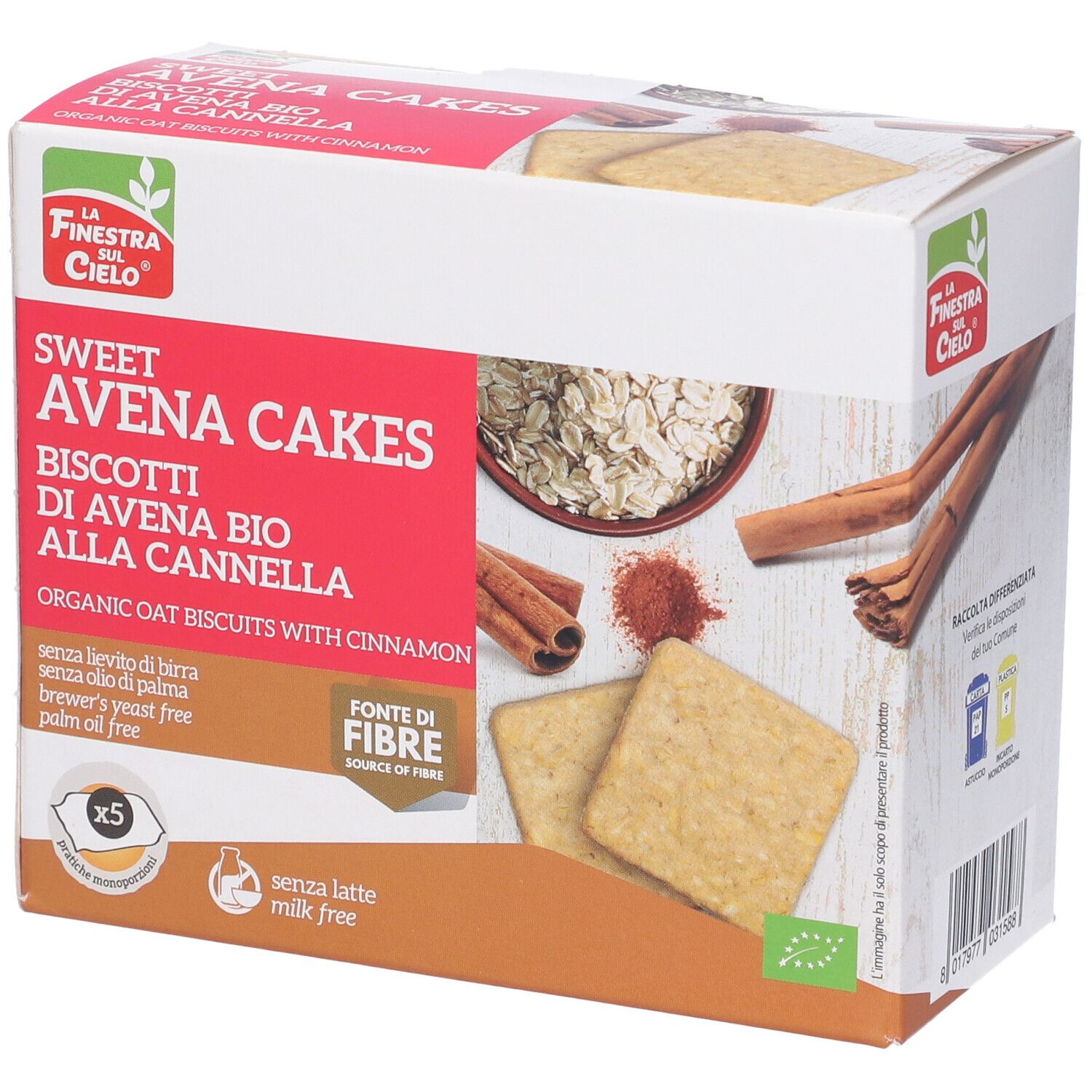Confezione di "Sweet Avena Cakes". Contiene biscotti, cannella, fiocchi d'avena. Testo: senza lievito di birra, senza olio di palma, senza latte. Marchio bio.