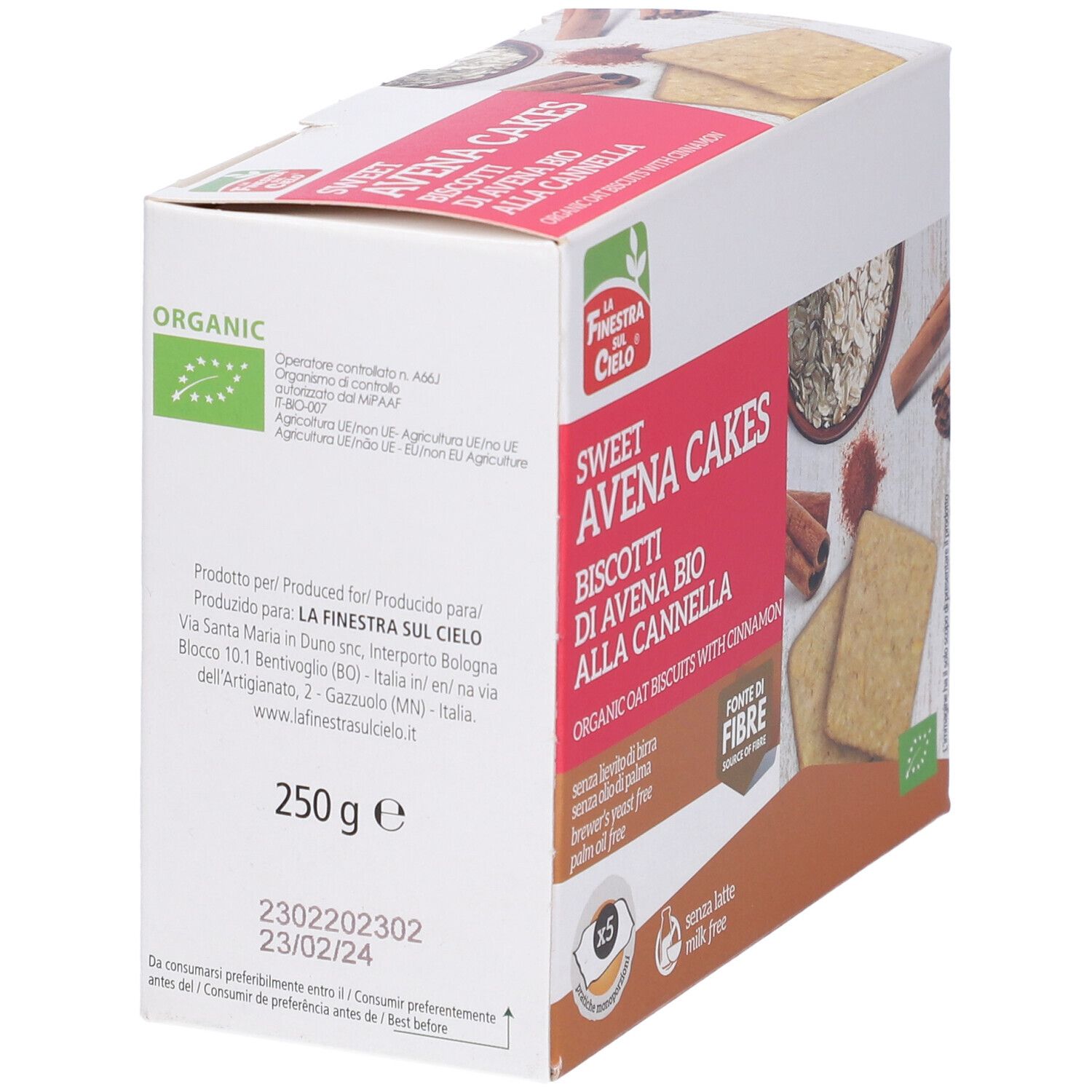 Retro della confezione di "Sweet Avena Cakes". Testo: ingredienti, informazioni nutrizionali, indirizzo del produttore. Certificazione bio. 250g.