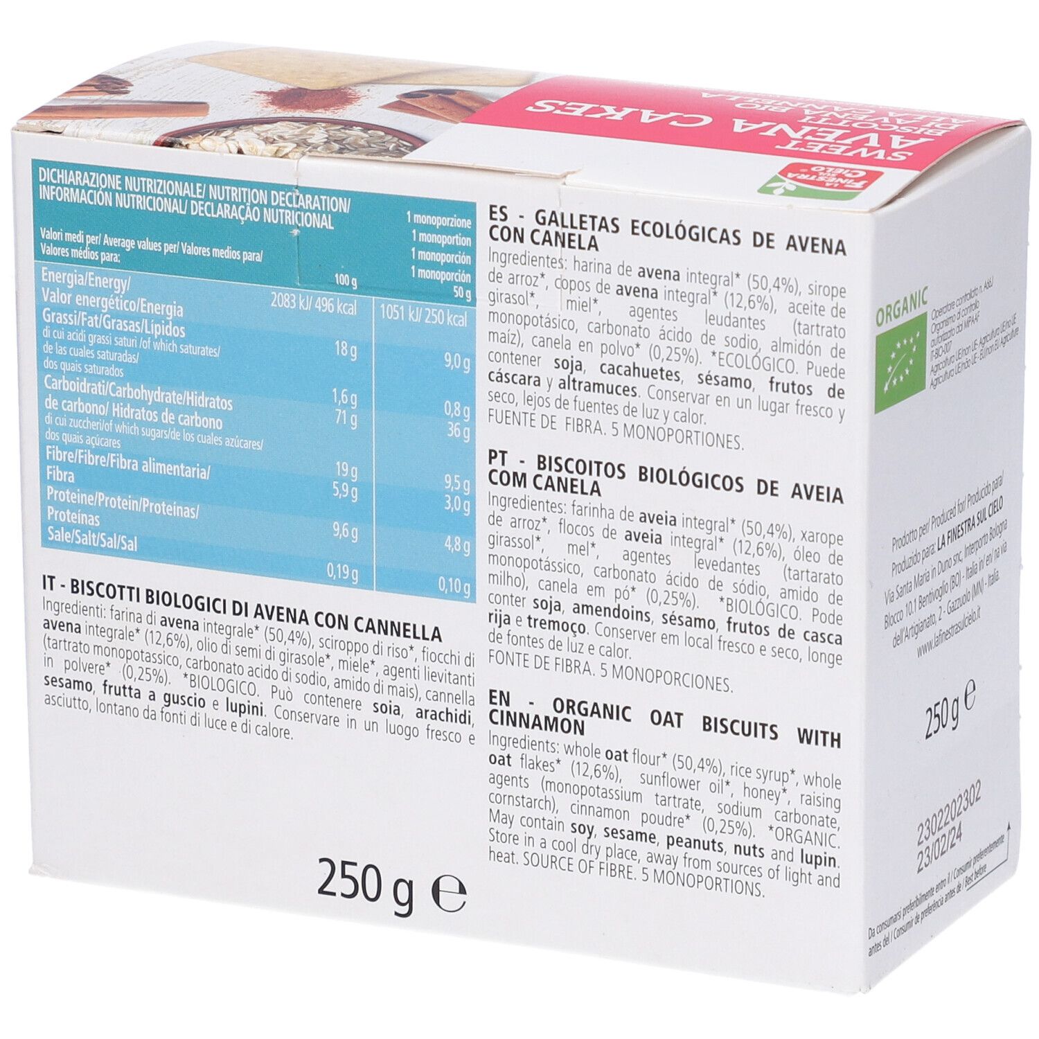 Retro della confezione di "Sweet Avena Cakes". Testo: ingredienti, informazioni nutrizionali. 250g. Certificazione bio. Data di scadenza.
