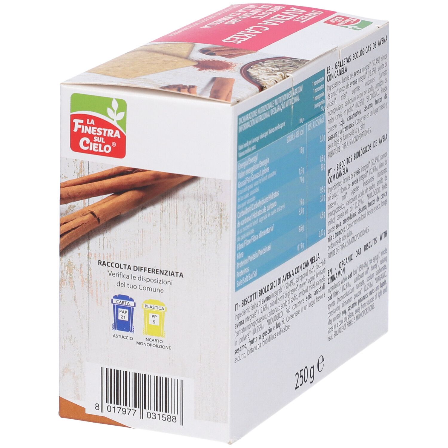 Lato della confezione di "Sweet Avena Cakes". Testo: ingredienti, informazioni nutrizionali. Simboli di riciclaggio. 250g. Codice a barre.