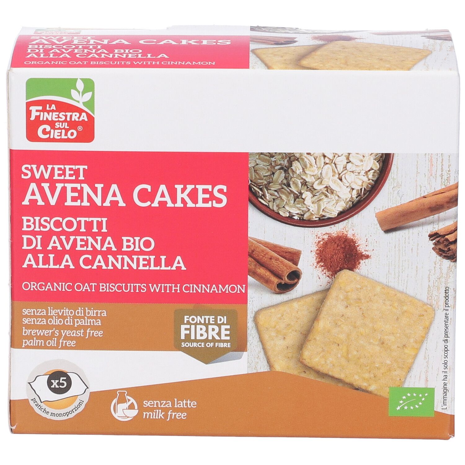 Confezione di "Sweet Avena Cakes". Contiene biscotti, cannella, fiocchi d'avena. Testo: senza lievito, senza olio di palma, senza latte. Marchio bio. 5 porzioni.