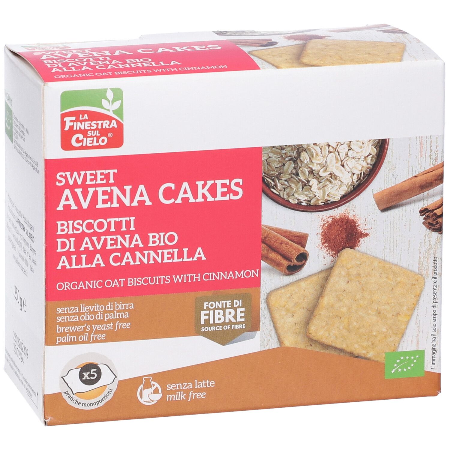 Confezione di "Sweet Avena Cakes". Contiene biscotti, cannella, fiocchi d'avena. Testo: senza lievito, senza olio di palma, senza latte. Marchio bio. 5 porzioni.