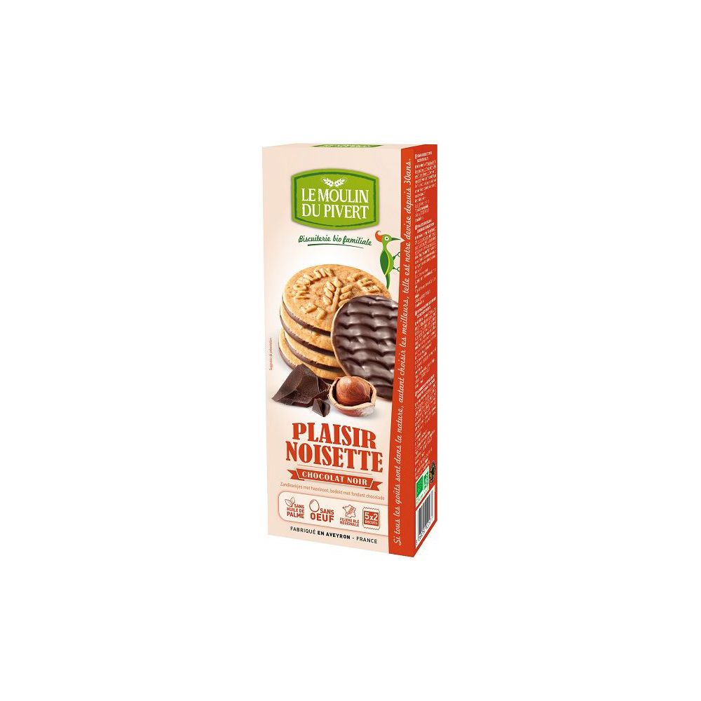 Confezione di biscotti Plaisir Noisette, cioccolato fondente. Immagine di biscotti, nocciole e cioccolato. Scritta "Le Moulin du Pivert".