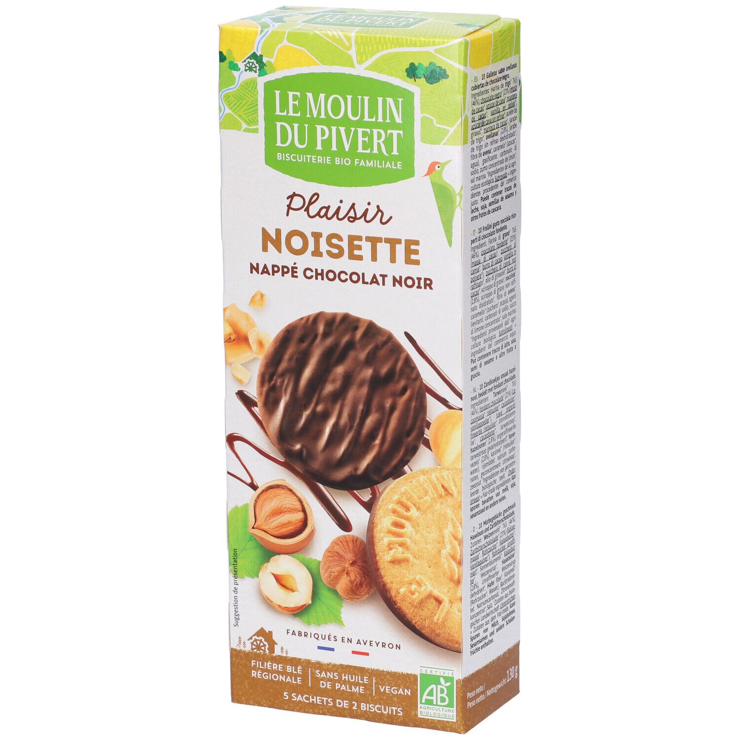 Confezione di biscotti Plaisir Noisette, cioccolato fondente. Immagine di biscotti, nocciole e cioccolato. Scritta "Le Moulin du Pivert".