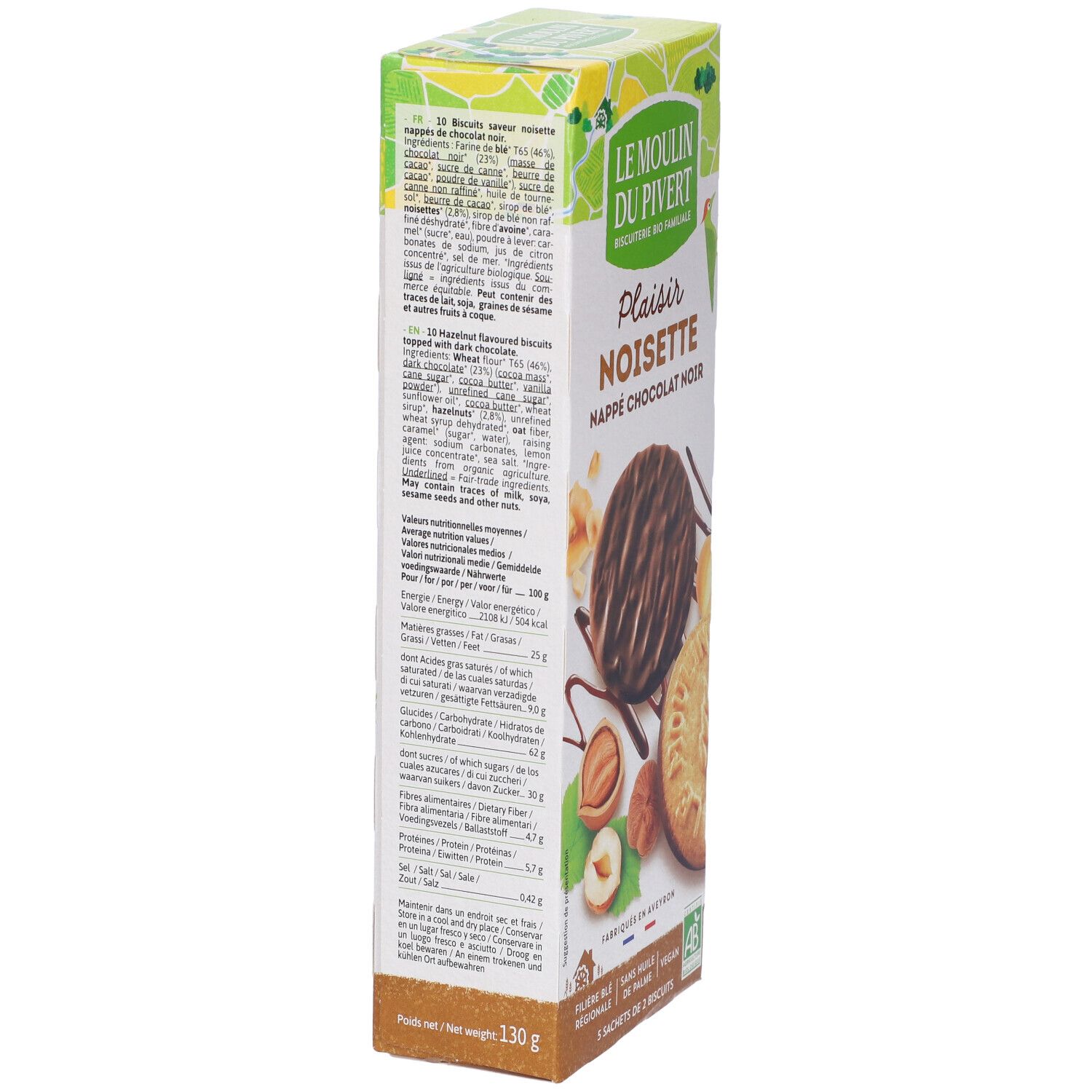 Retro della confezione di biscotti. Testo con ingredienti, informazioni nutrizionali e certificazioni. Immagine di biscotti e nocciole.