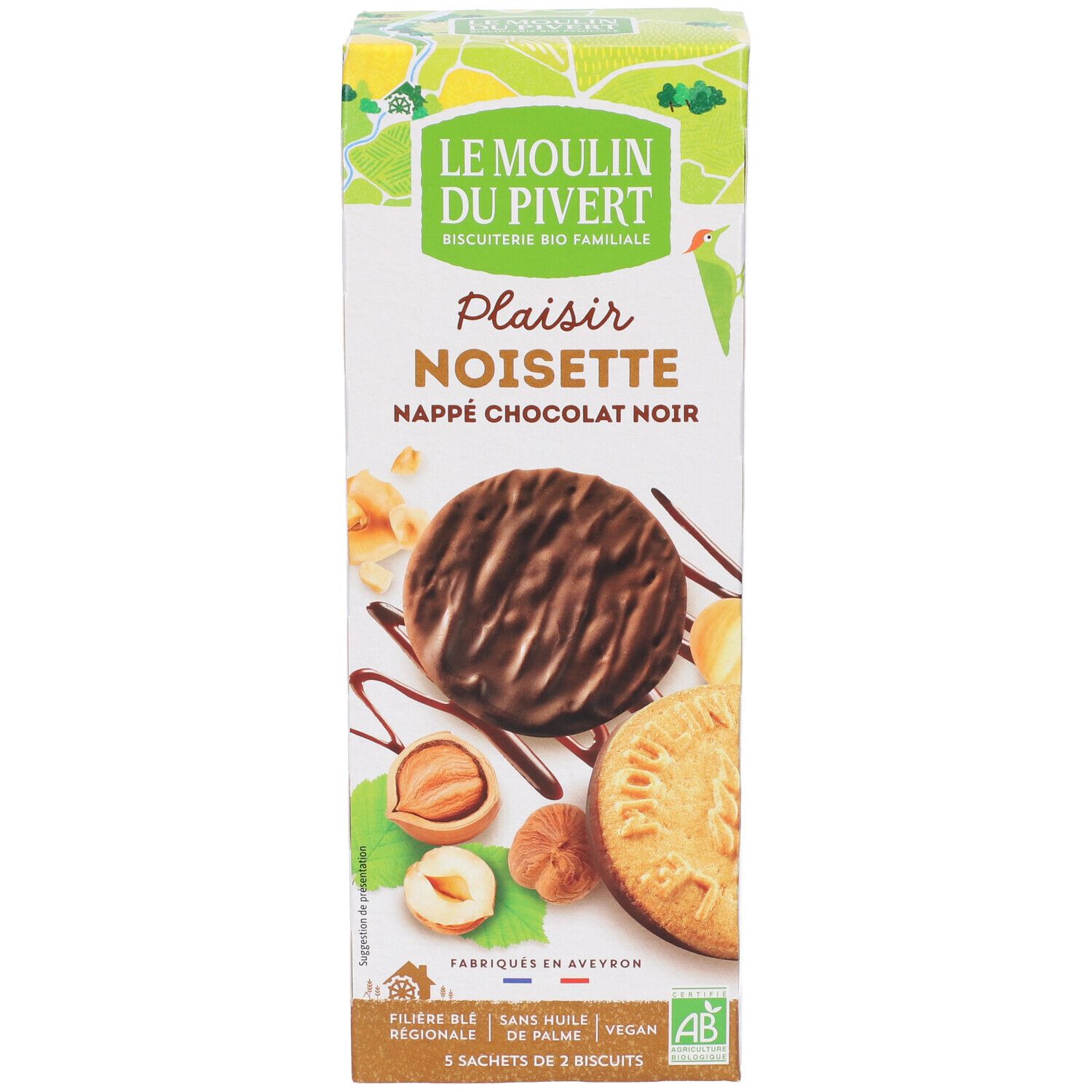 Confezione di biscotti Plaisir Noisette, cioccolato fondente. Immagine di biscotti, nocciole e cioccolato. Scritta "Le Moulin du Pivert".