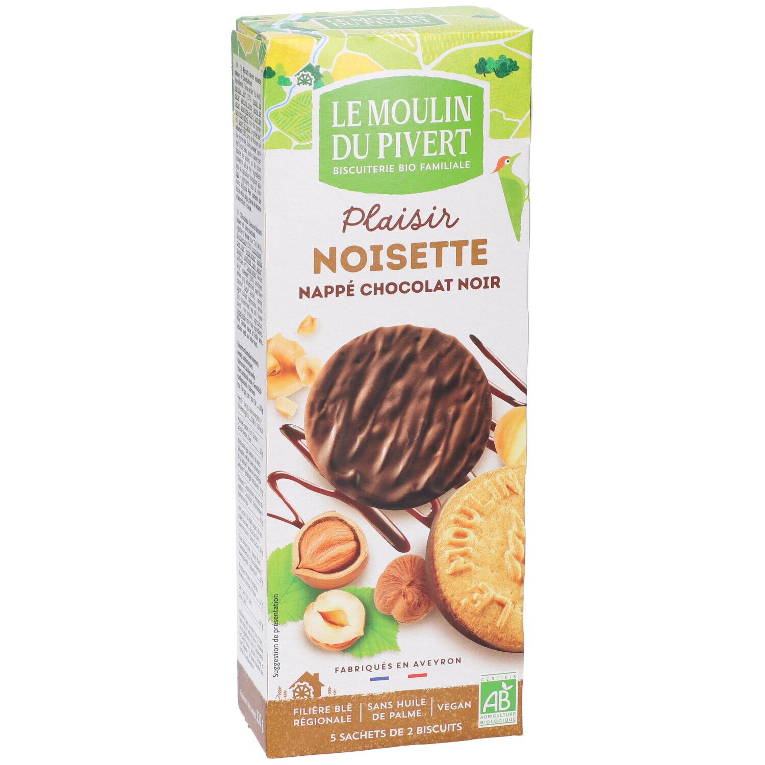 Confezione di biscotti Plaisir Noisette, cioccolato fondente. Immagine di biscotti, nocciole e cioccolato. Scritta "Le Moulin du Pivert".