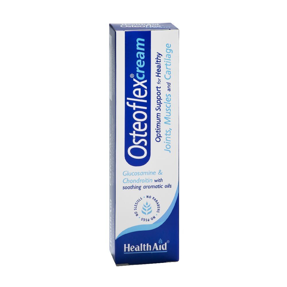 Scatola di prodotto con testo. Scritto: Osteoflex cream, Supporto ottimale per articolazioni, muscoli e cartilagine sani. Marchio: Health Aid.