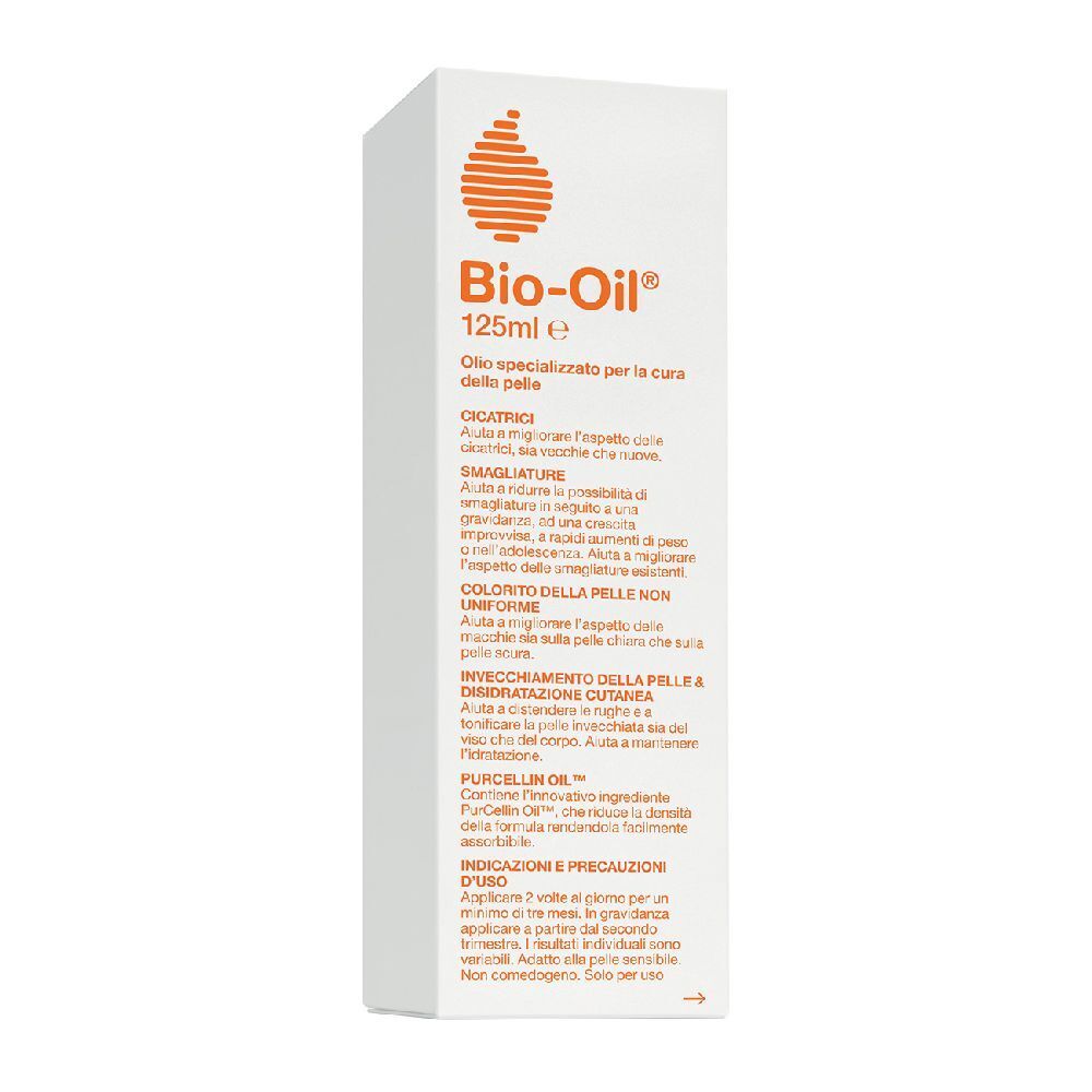 Bio-Oil®-Verpackung. Weißer Karton mit orangefarbenem Logo und Produktinformationen. 125ml.