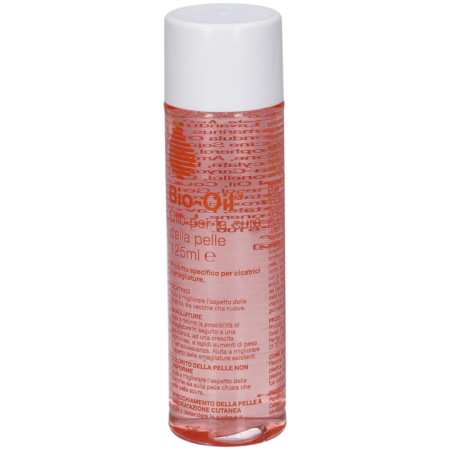 Bio-Oil® Flasche. Zylindrische Form, transparente Flüssigkeit, weißer Deckel. Etikett mit Text in roter Schrift.