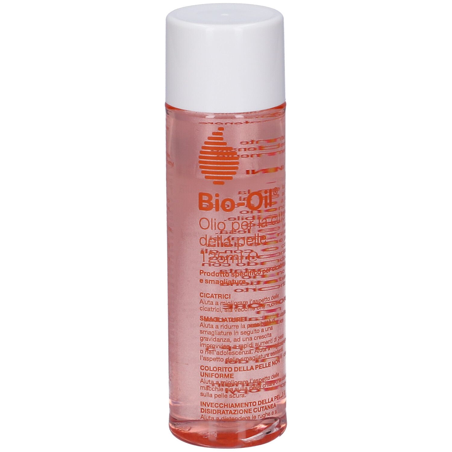 Bio-Oil® Flasche. Zylindrische Form, transparente Flüssigkeit, weißer Deckel. Etikett mit Text in roter Schrift.
