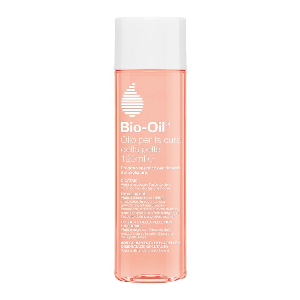 Bio-Oil®-Flasche. Transparente Flasche mit rosa Flüssigkeit und weißem Deckel. 125ml.