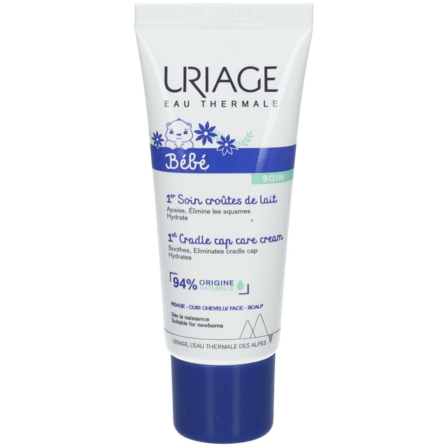 Tubo bianco con tappo blu. Scritta: URIAGE, Bébé, 1° Soin croûtes de lait. 94% Origine.