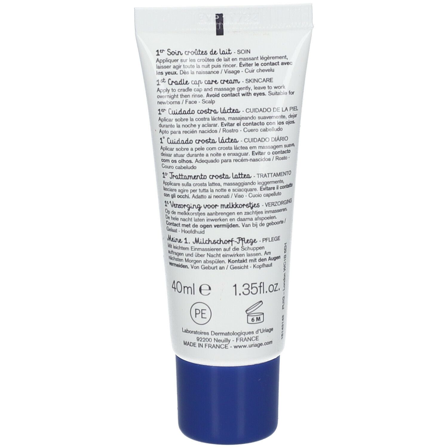 Retro del tubo. Testo multilingue. Scritta: 40ml, 1.35fl.oz. Made in France. Uriage.