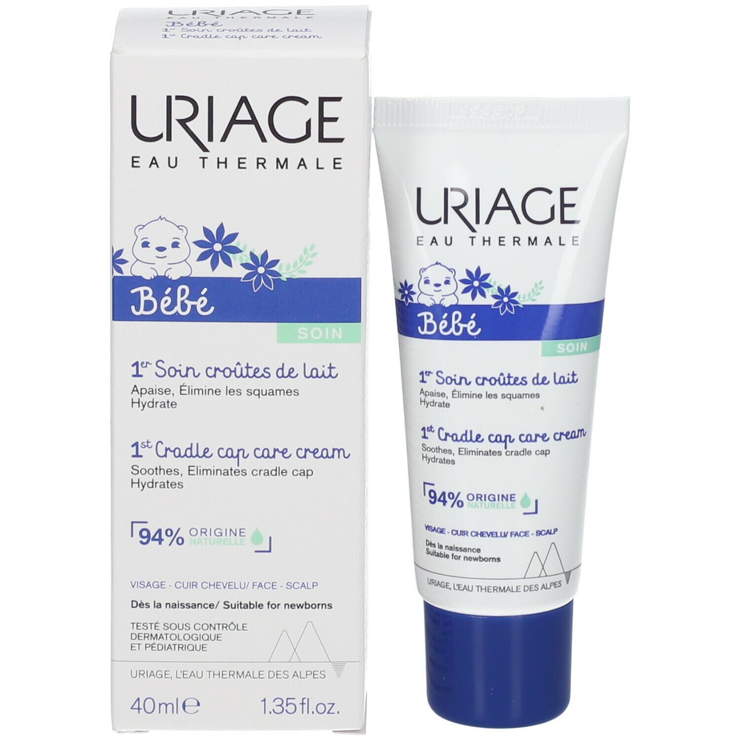 Confezione prodotto con tubo. Scritta: URIAGE, Bébé, 1° Soin croûtes de lait. 94% Origine. 40ml.