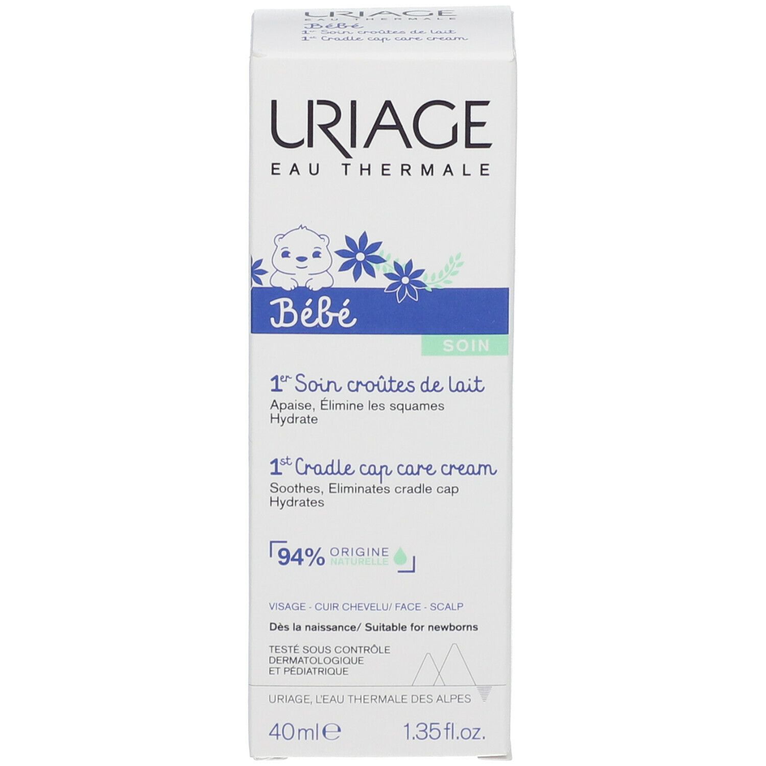 Confezione prodotto. Scritta: URIAGE, Bébé, 1° Soin croûtes de lait. 94% Origine. 40ml.