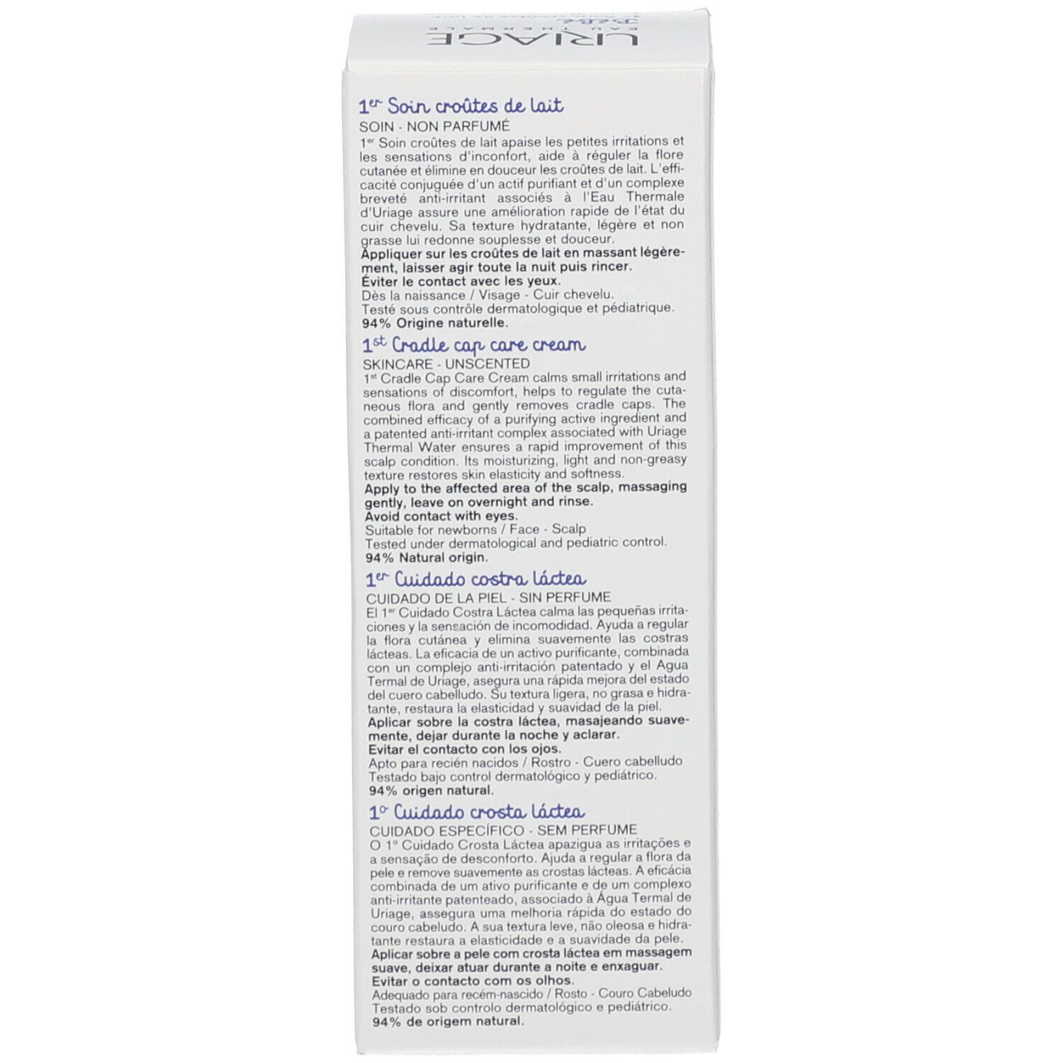 Lato della confezione. Testo multilingue. Informazioni sul prodotto, ingredienti.