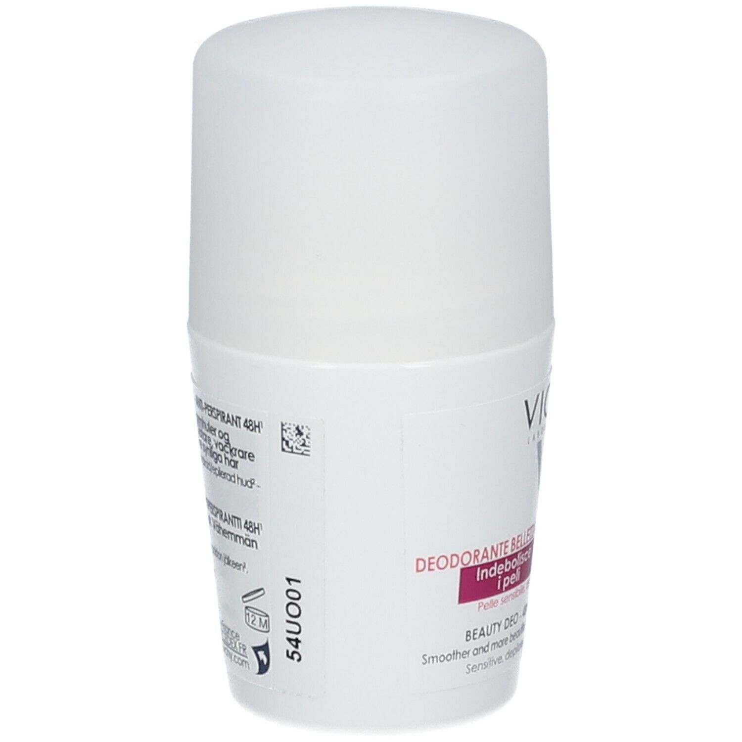 Déodorant roll-on blanc Vichy. Dos avec texte et code-barres. Hypoallergénique.