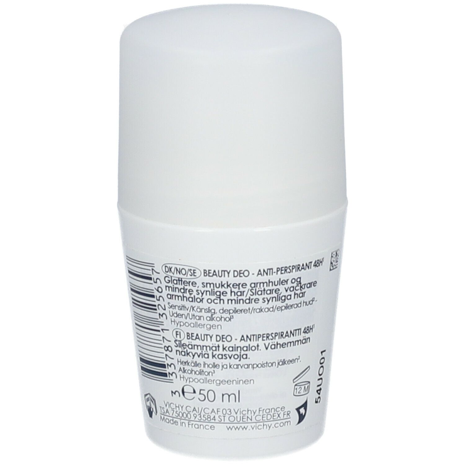 Déodorant roll-on blanc Vichy. Dos avec texte et code-barres. Volume 50 ml. Hypoallergénique.