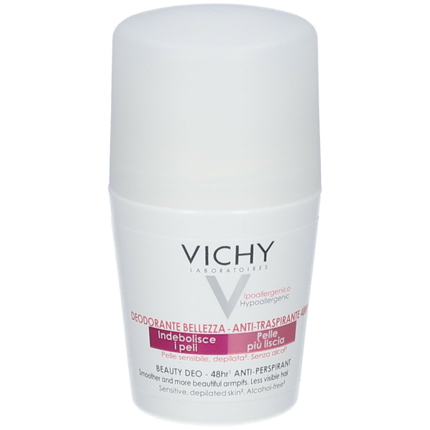 Déodorant roll-on blanc Vichy. Nom du produit et texte sur l'étiquette. Hypoallergénique.