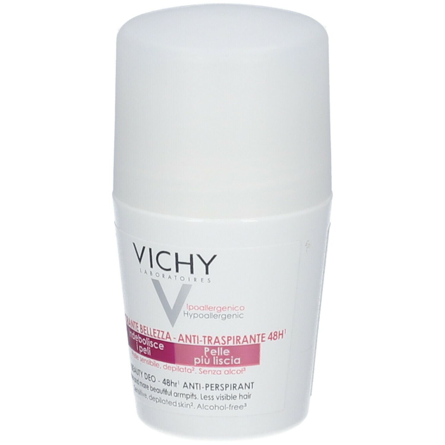 Déodorant roll-on blanc Vichy. Nom du produit et texte sur l'étiquette. Hypoallergénique.
