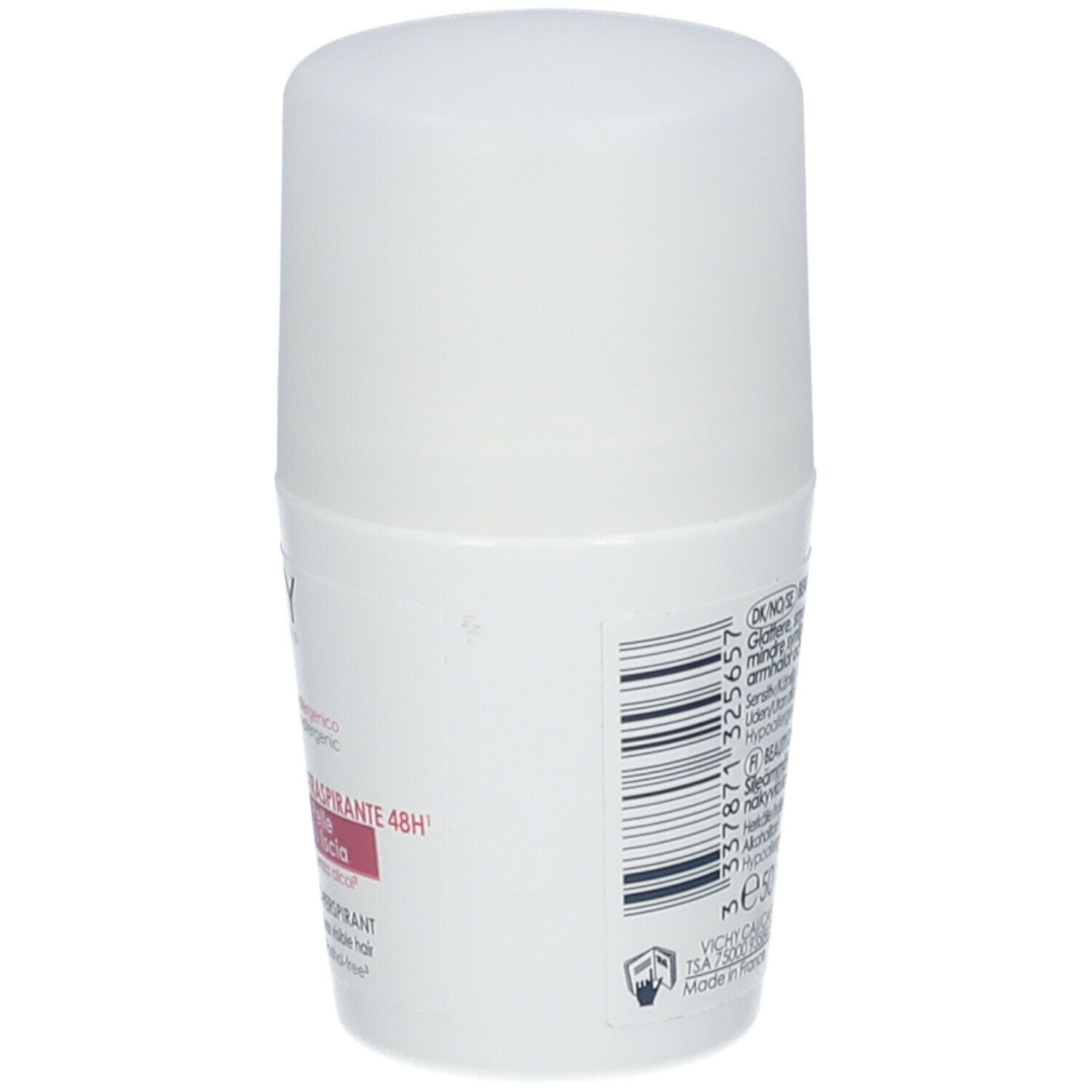 Déodorant roll-on blanc Vichy. Dos avec texte et code-barres. Hypoallergénique.