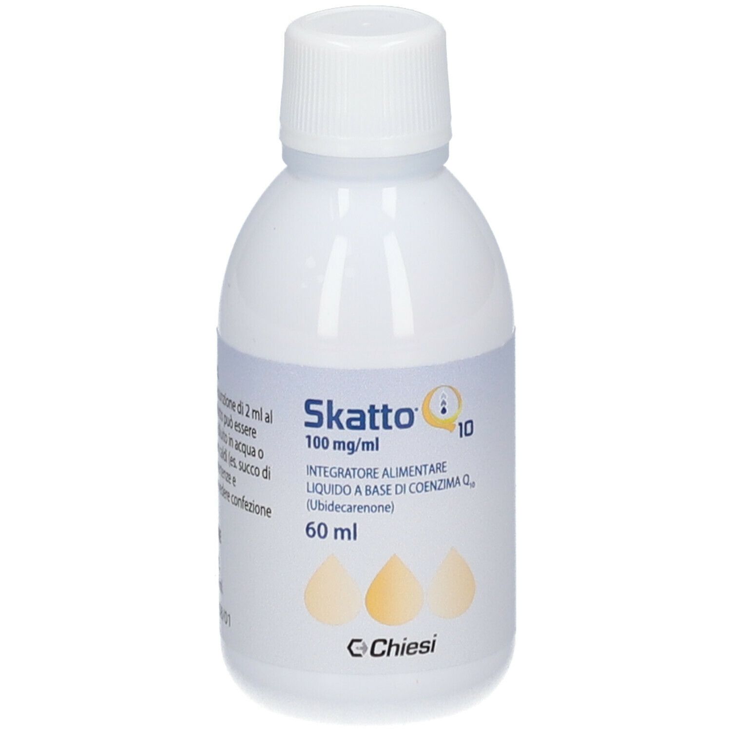 Flacon blanc avec bouchon à vis. Inscription Skatto Q10, 100 mg/ml, 60 ml. Symbole de goutte. Marque Chiesi.