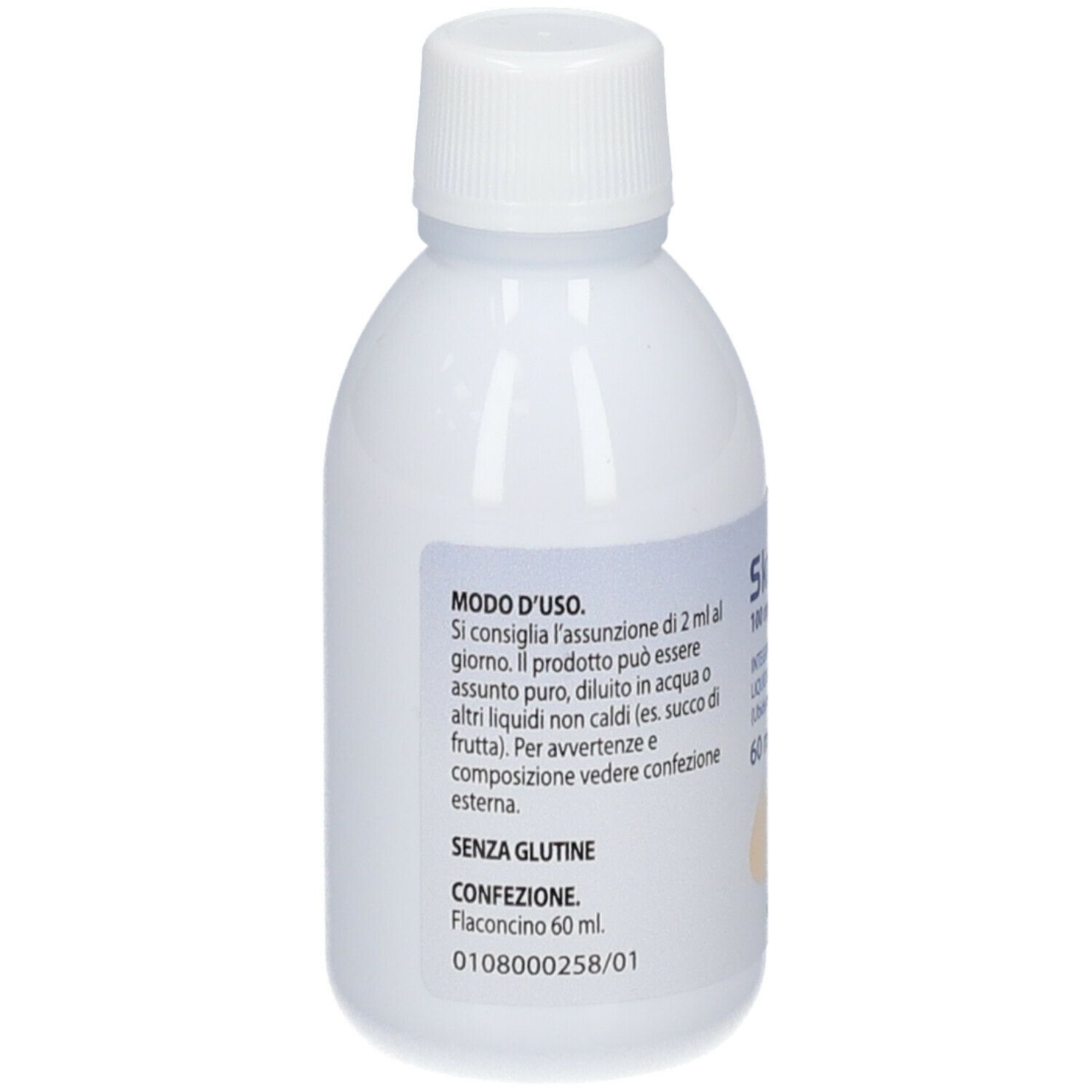 Flacon blanc avec bouchon à vis. Dos avec texte. Inscription: Modo d'uso, sans gluten. Contenu du flacon 60 ml.